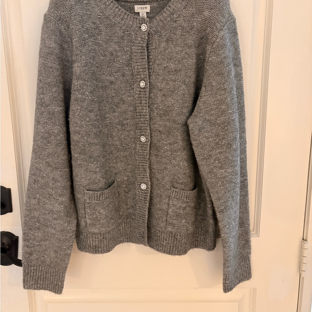 J. Crew Gray Shimmer Women's Cardigan with Rhinestone Buttons - Picture 2 of 6